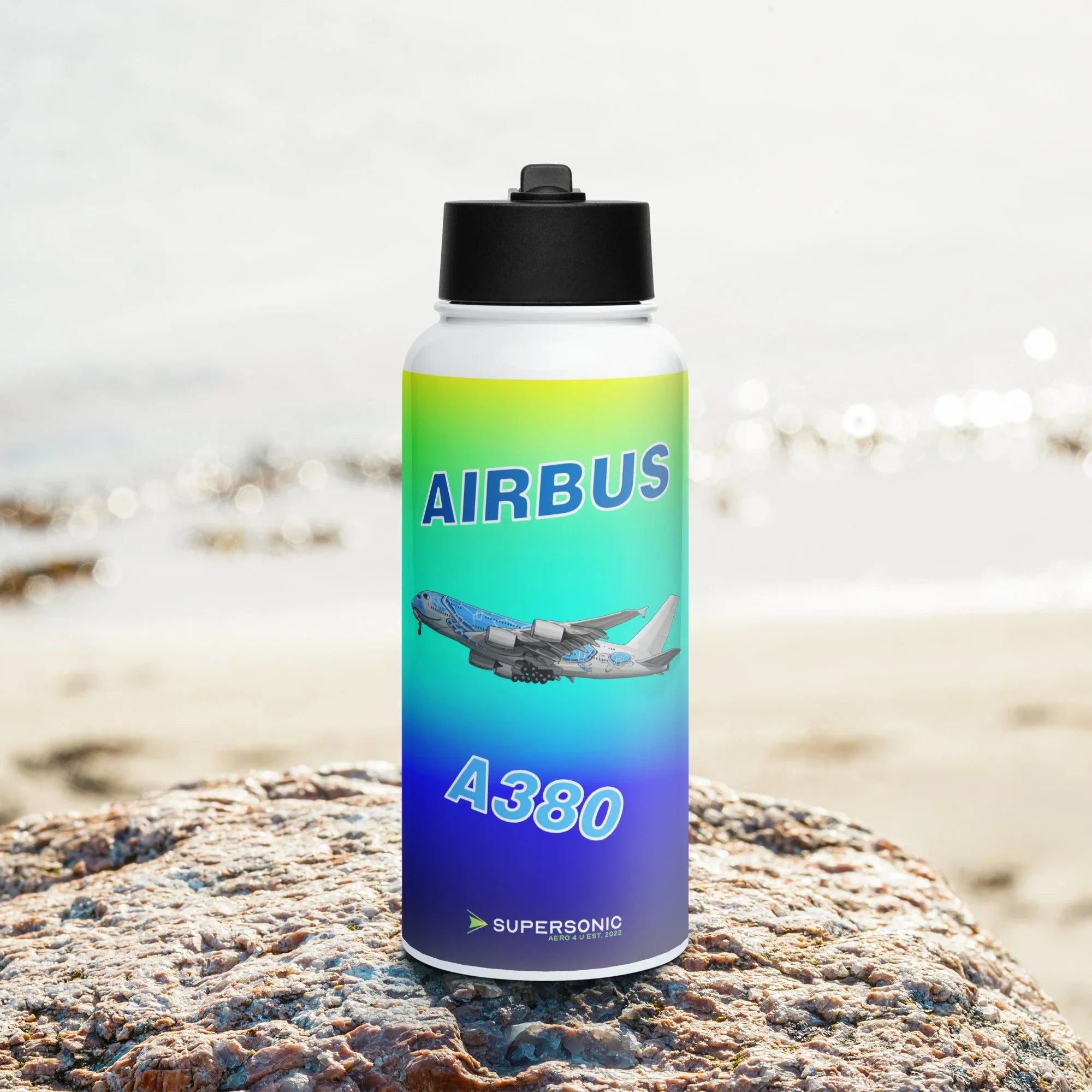 Aviation Edelstahl Trinkflasche mit Strohhalm "Airbus A380" für Piloten, Crews, Kinder & Planespotter made by SUPERSONIC aero 4U