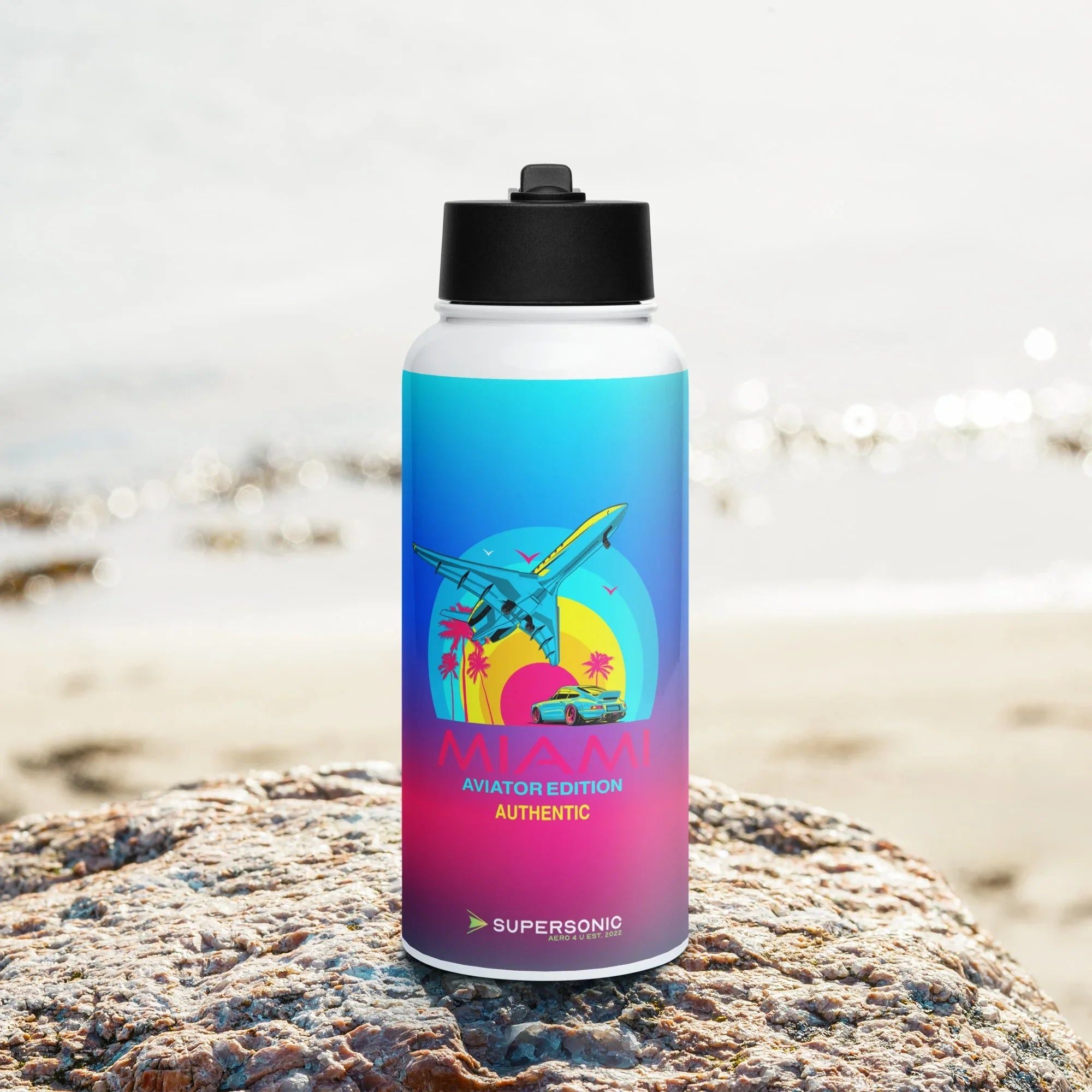 Aviation Edelstahl Trinkflasche mit Strohhalm "Miami - Aviation" für Piloten, Crews, Kinder & Planespotter made by SUPERSONIC aero 4U