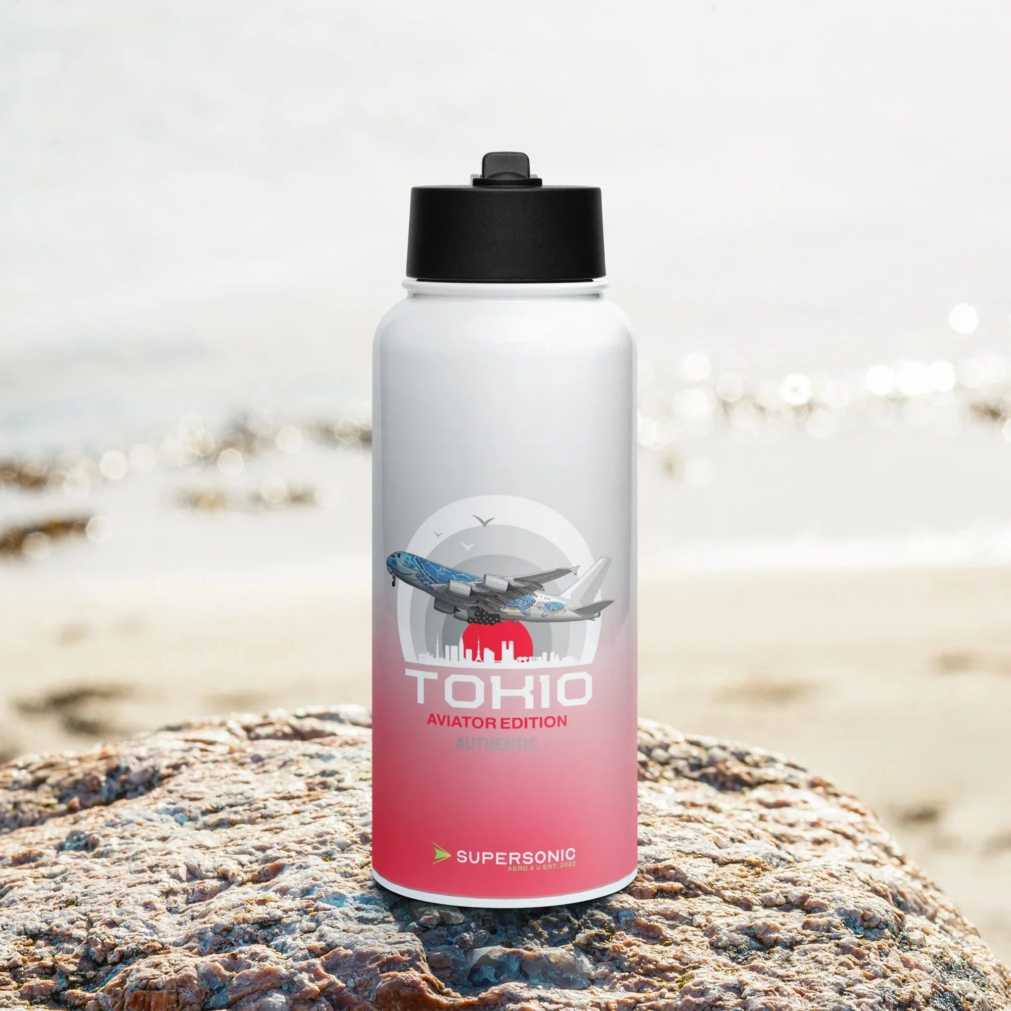 Aviation Edelstahl Trinkflasche mit Strohhalm "Tokio - Aviation" für Piloten, Crews, Kinder & Planespotter made by SUPERSONIC aero 4U