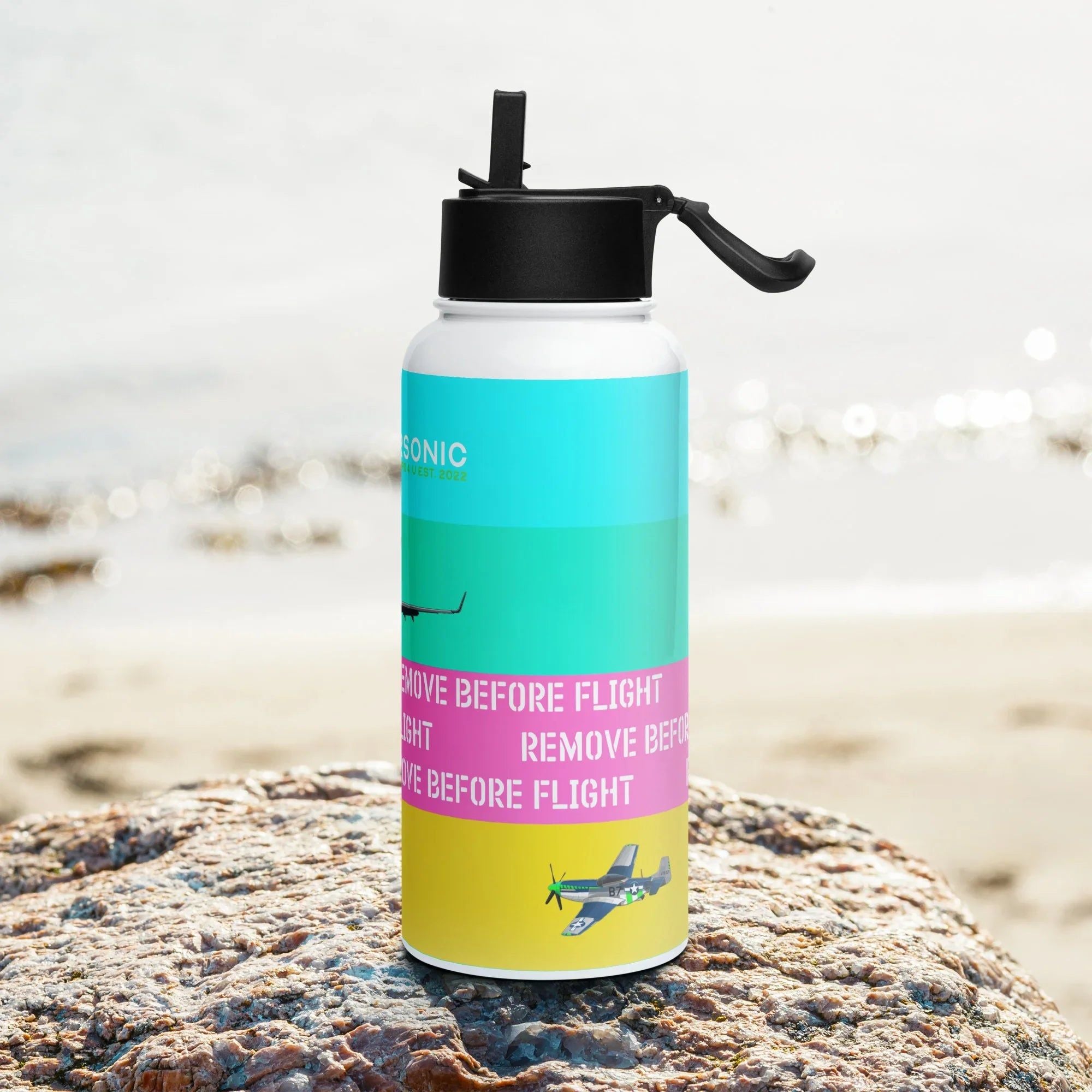 Aviation Edelstahl Trinkflasche mit Strohhalm "Remove before Flight" für Piloten, Crews, Kinder & Planespotter made by SUPERSONIC aero 4U