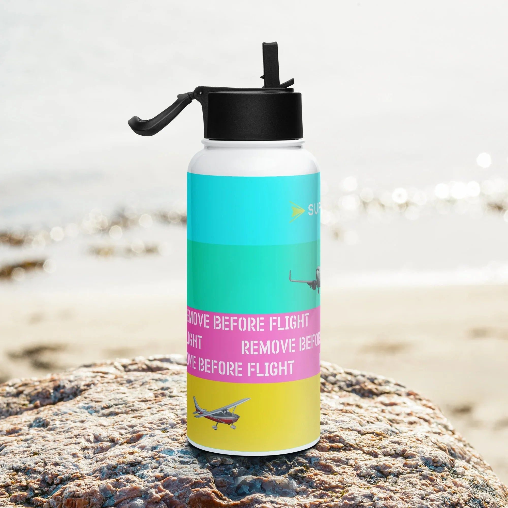 Aviation Edelstahl Trinkflasche mit Strohhalm "Remove before Flight" für Piloten, Crews, Kinder & Planespotter made by SUPERSONIC aero 4U