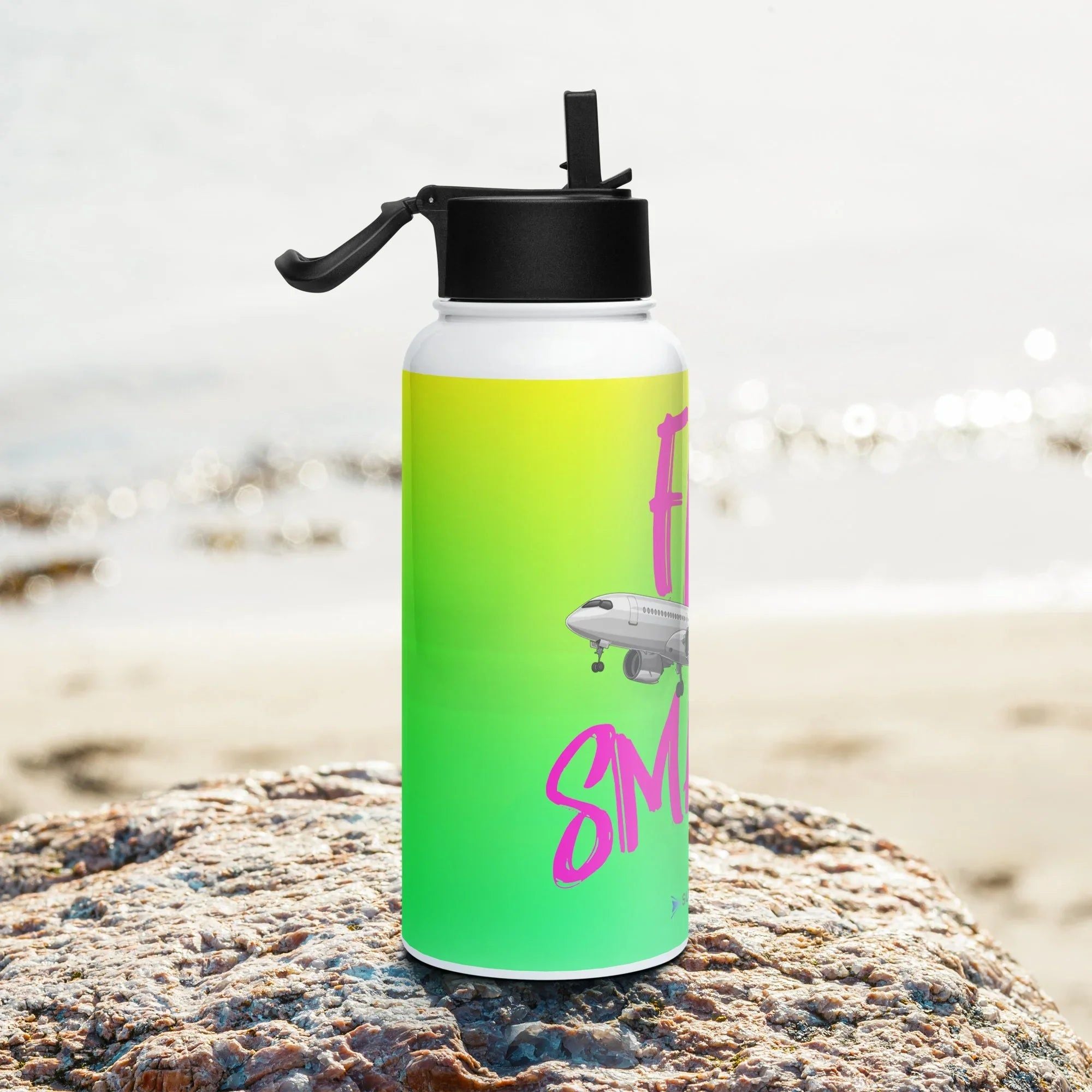 Aviation Edelstahl Trinkflasche mit Strohhalm "Fly smart - Airbus A220" für Piloten, Crews, Kinder & Planespotter made by SUPERSONIC aero 4U