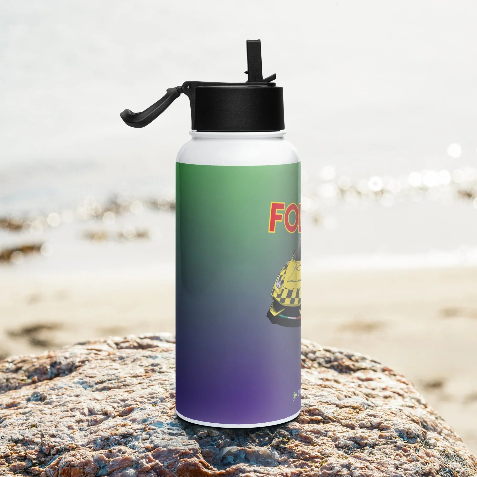 Aviation Edelstahl Trinkflasche mit Strohhalm "Follow Me - Supercar" für Piloten, Crews, Kinder & Planespotter made by SUPERSONIC aero 4U