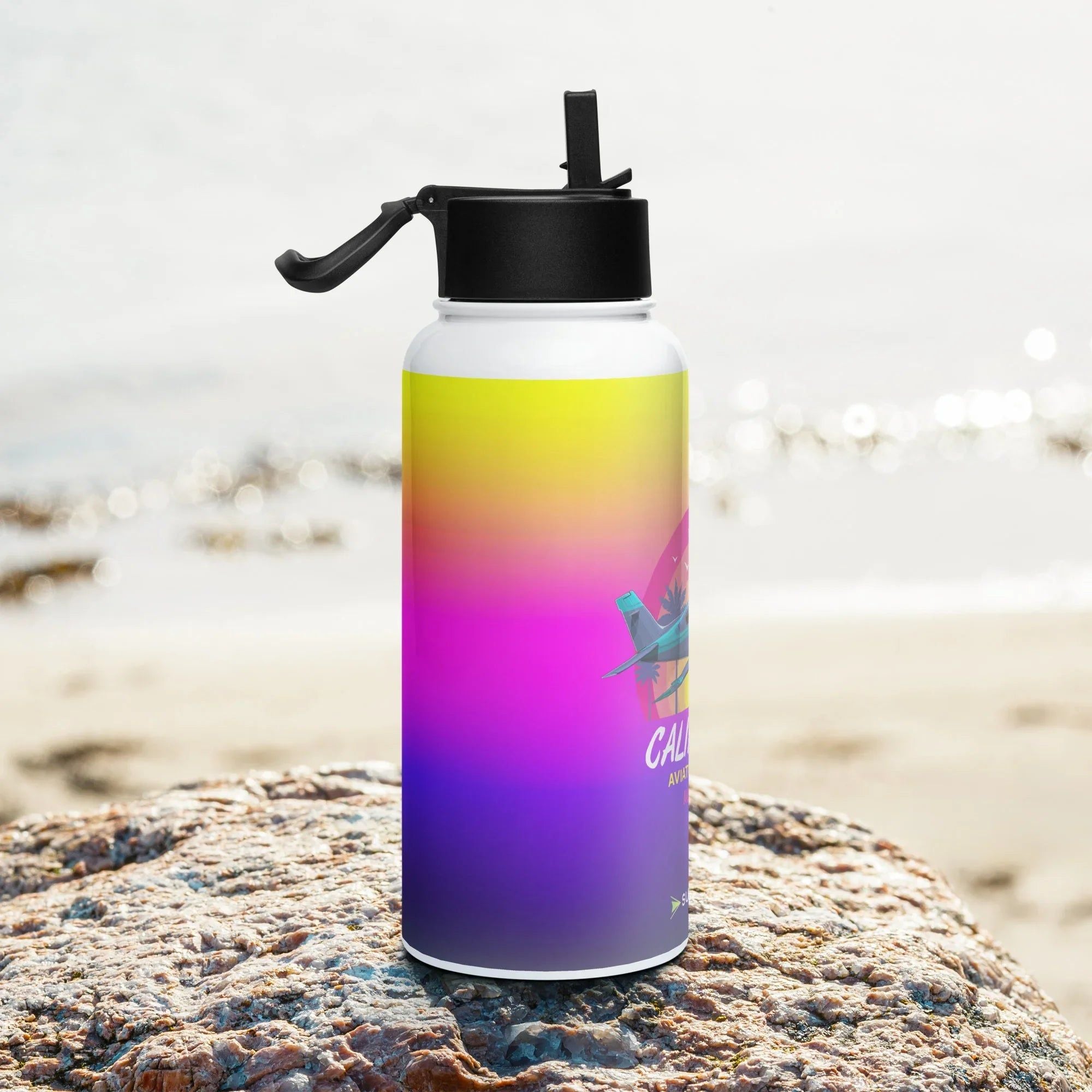 Aviation Edelstahl Trinkflasche mit Strohhalm "California Aviation" für Piloten, Crews, Kinder & Planespotter made by SUPERSONIC aero 4U