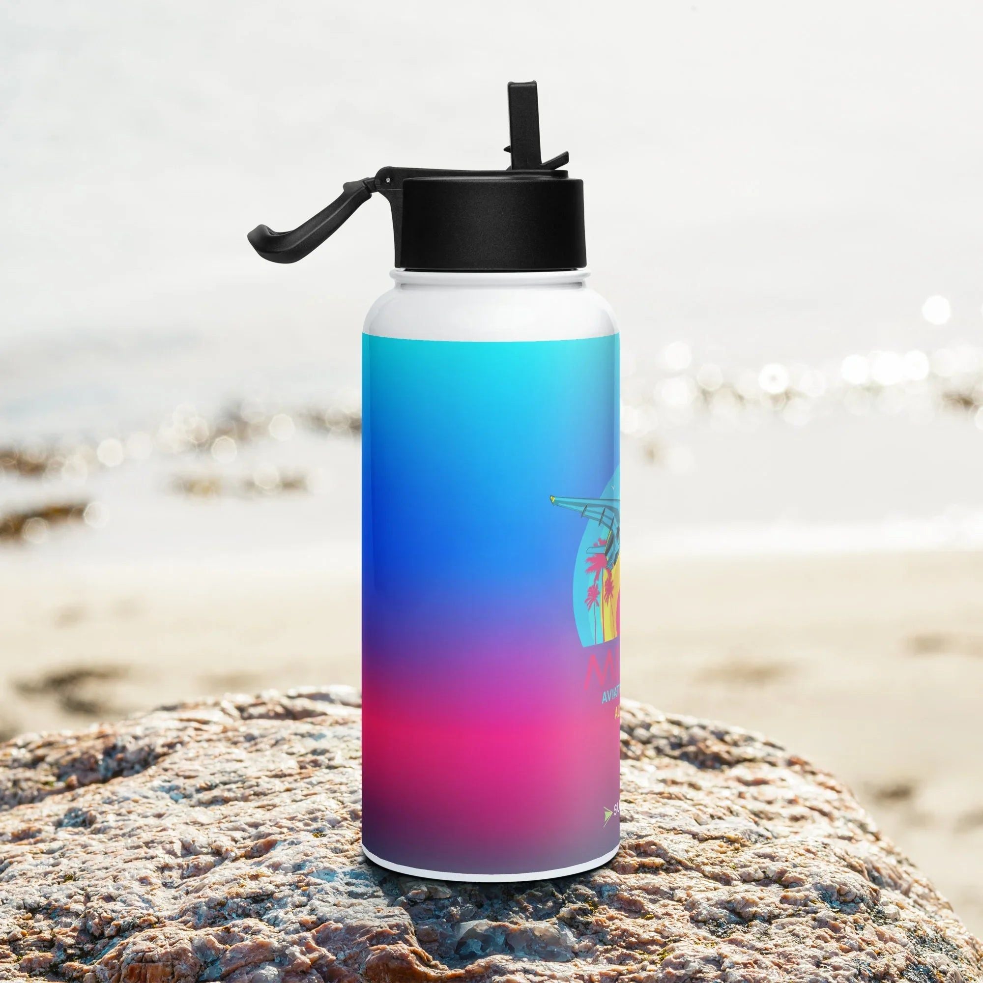 Aviation Edelstahl Trinkflasche mit Strohhalm "Miami - Aviation" für Piloten, Crews, Kinder & Planespotter made by SUPERSONIC aero 4U