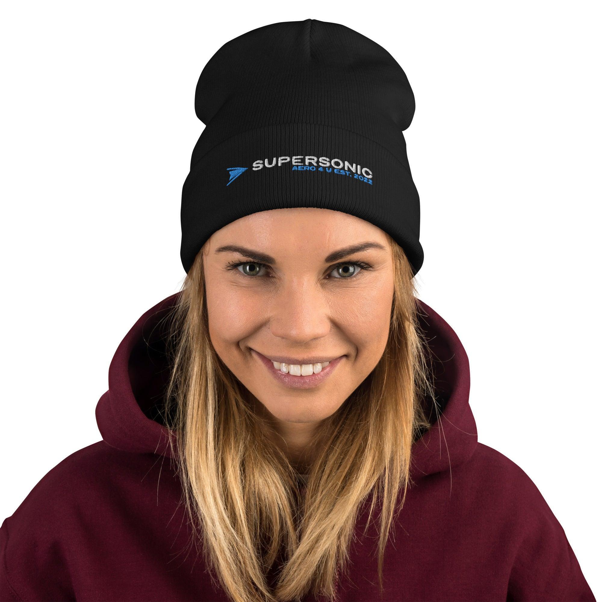 Aviation Besticktes Beanie "Supersonic" light blue Black für Piloten, Crews, Kinder & Planespotter made by SUPERSONIC aero 4U