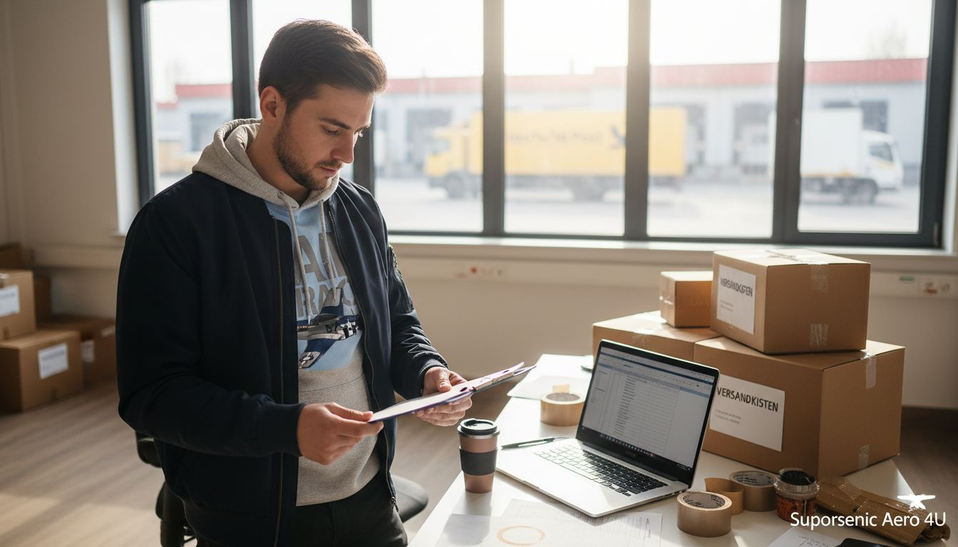 Ein Logistikleiter bereitet eine Luftfrachtsendung für den Versand innerhalb der EU vor.