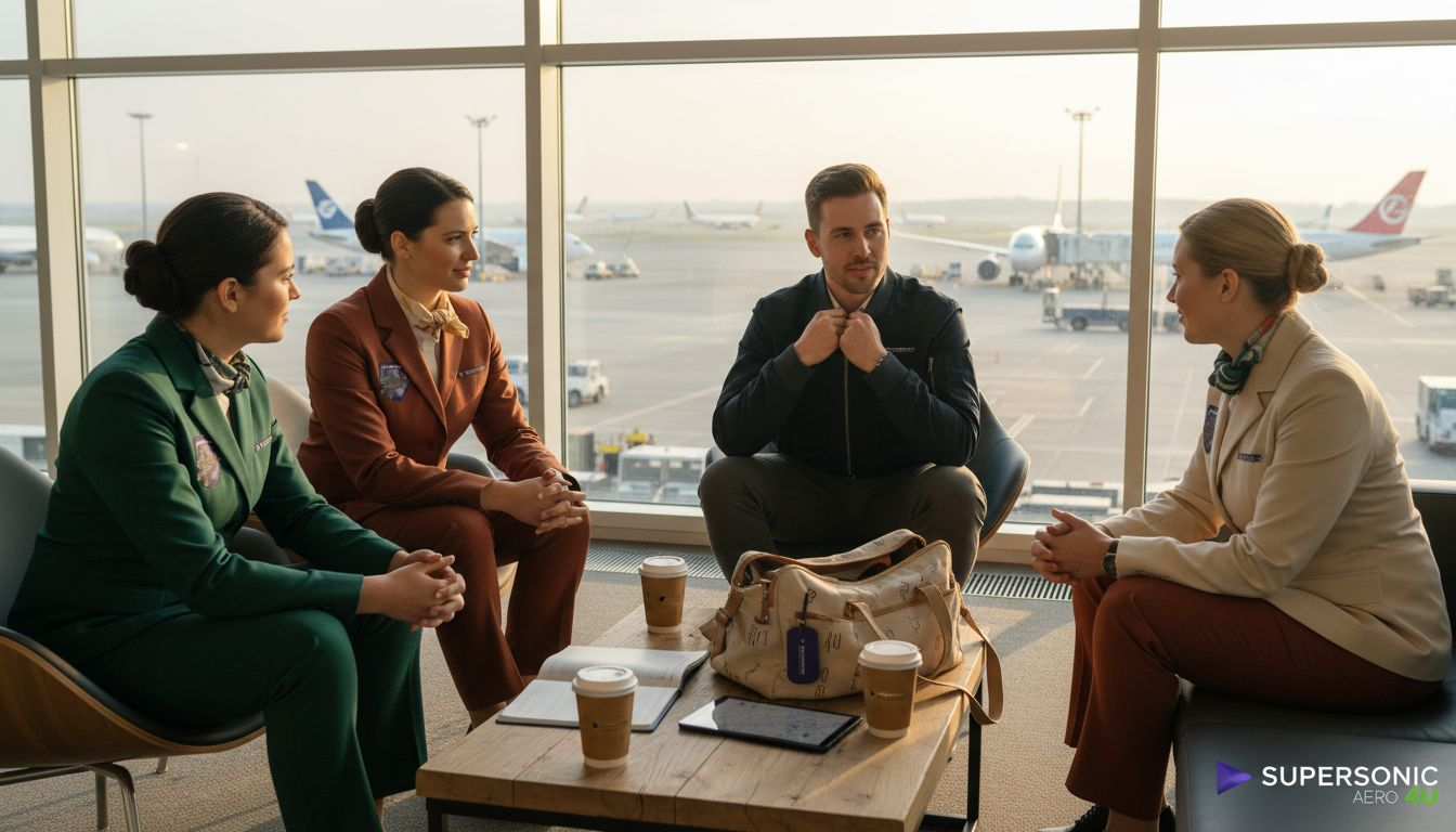 Das Bordpersonal präsentiert sich in nachhaltiger Kleidung in der Flughafenlounge.