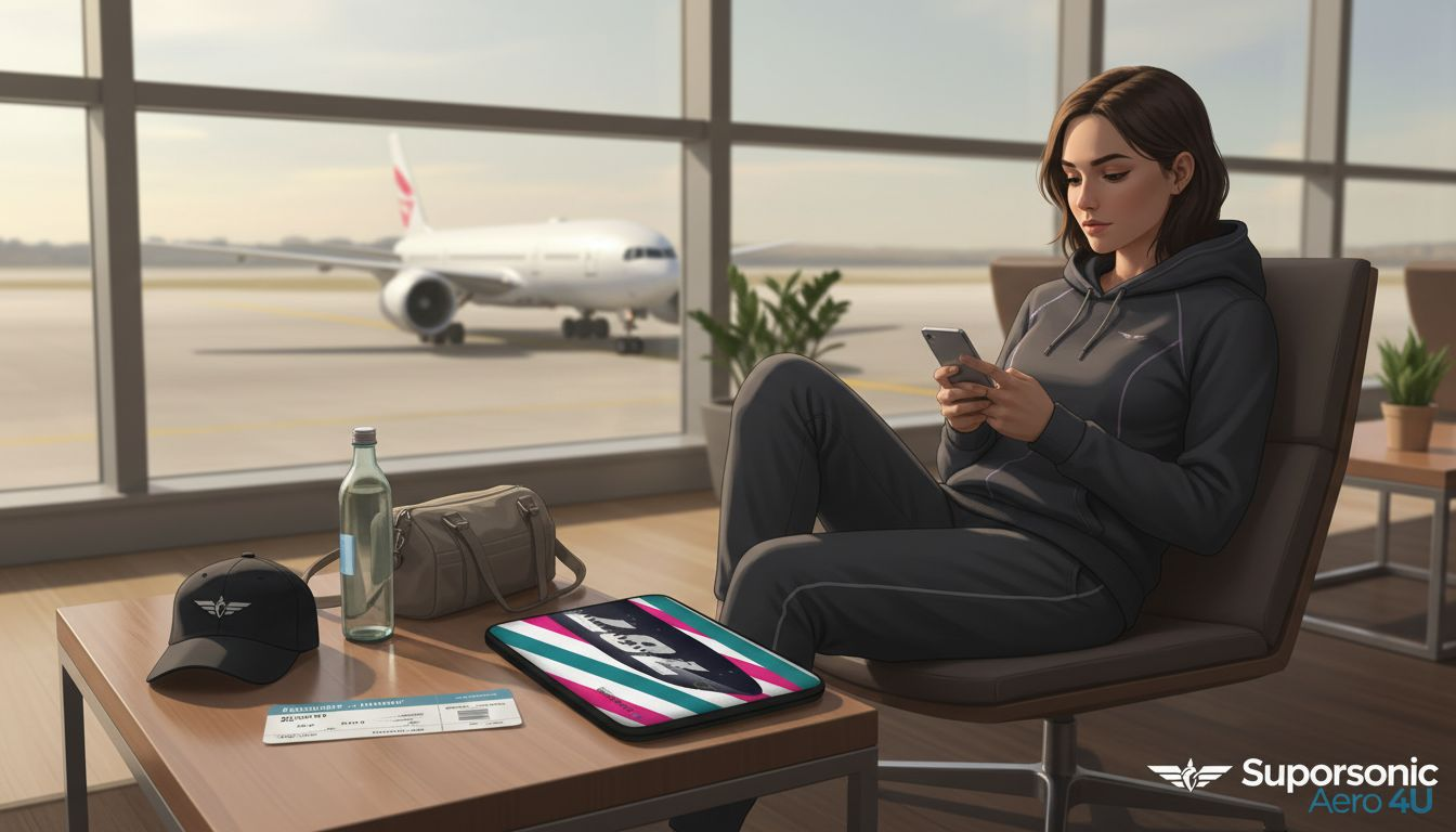 Ein Pilot entspannt sich in der Flughafen-Lounge, lässig gekleidet mit einem stylischen Aviator-Hoodie.