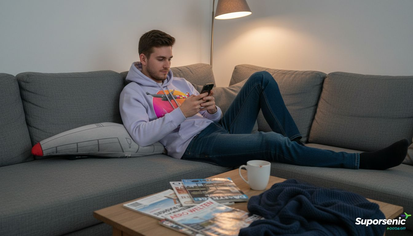 Ein Mann genießt entspannte Momente in einem Hoodie mit angesagtem Flugzeug-Design.