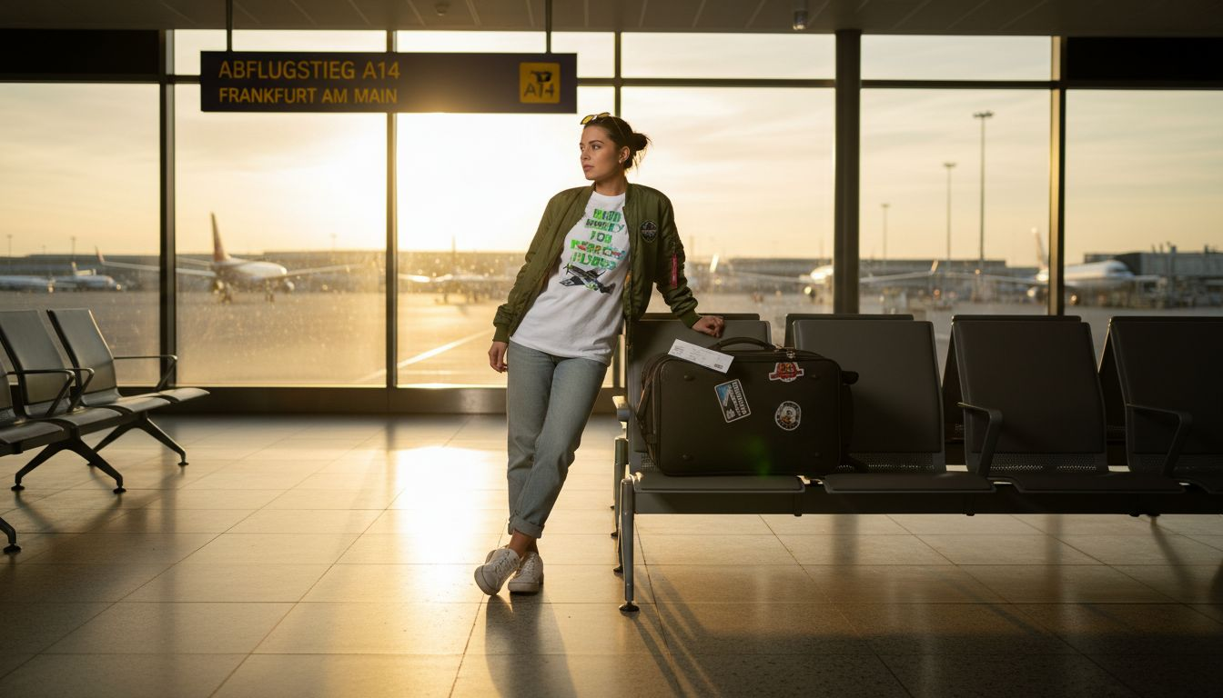 Eine Frau im Bomberjacke wartet am Flugsteig auf ihren Abflug.