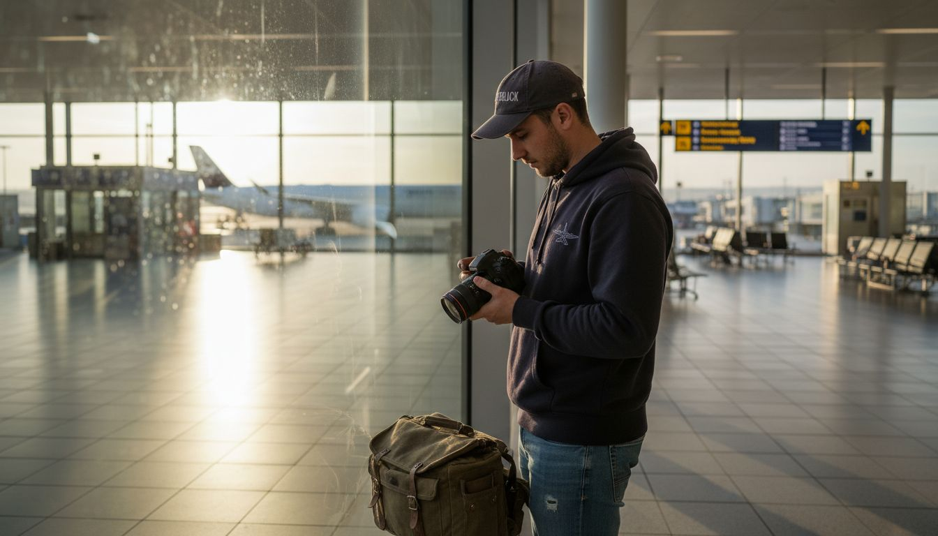 Ein Flugzeugfan in lässiger Kleidung beobachtet das Geschehen am Gate.