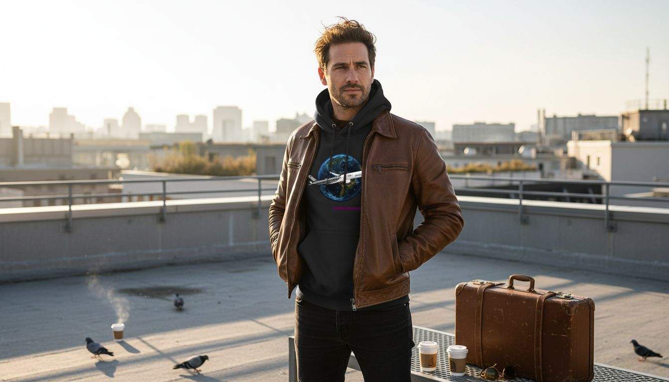 Ein Mann im Pilotenjacke steht auf dem Dach eines Hochhauses und blickt über die Stadt.