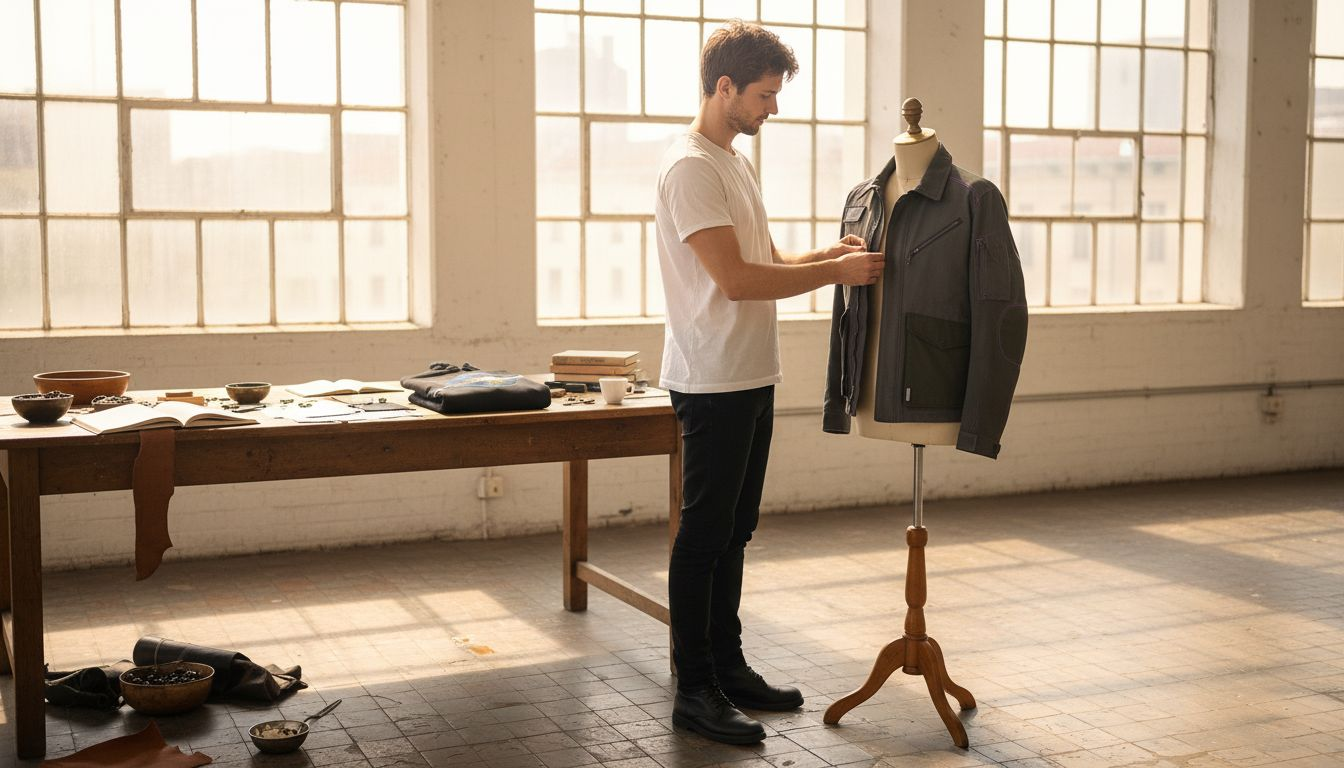 Ein Modedesigner richtet eine Fliegerjacke mit Luftfahrt-Elementen sorgfältig an einer Schaufensterpuppe aus.