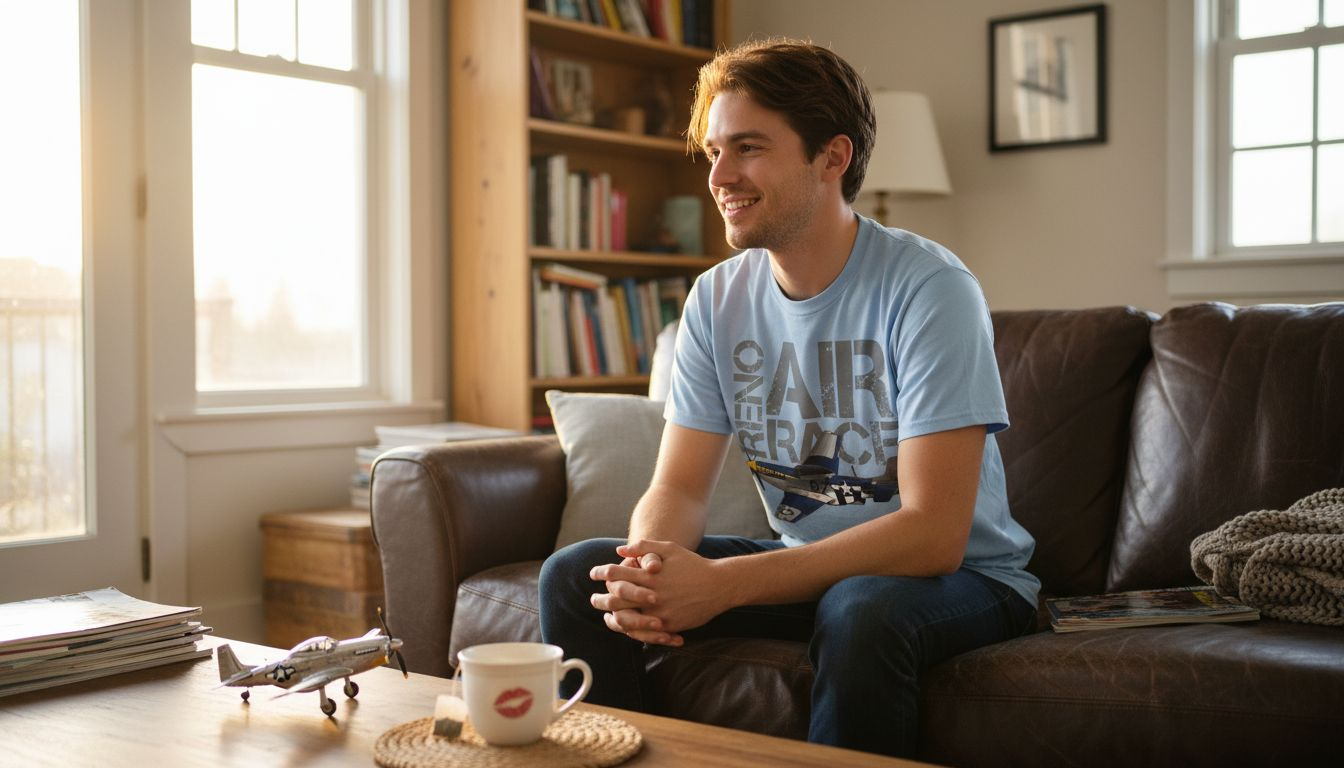 Ein junger Mann trägt ein Pilotenhemd und sitzt entspannt im Wohnzimmer.