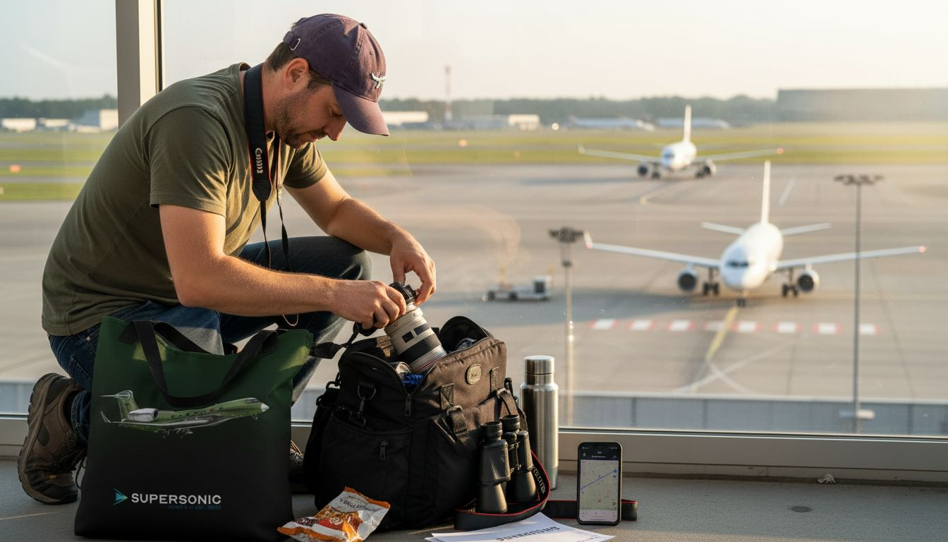 Ein Flugzeugfan baut direkt am Rollfeld sein Foto-Equipment auf, um die startenden und landenden Maschinen aus nächster Nähe zu beobachten.
