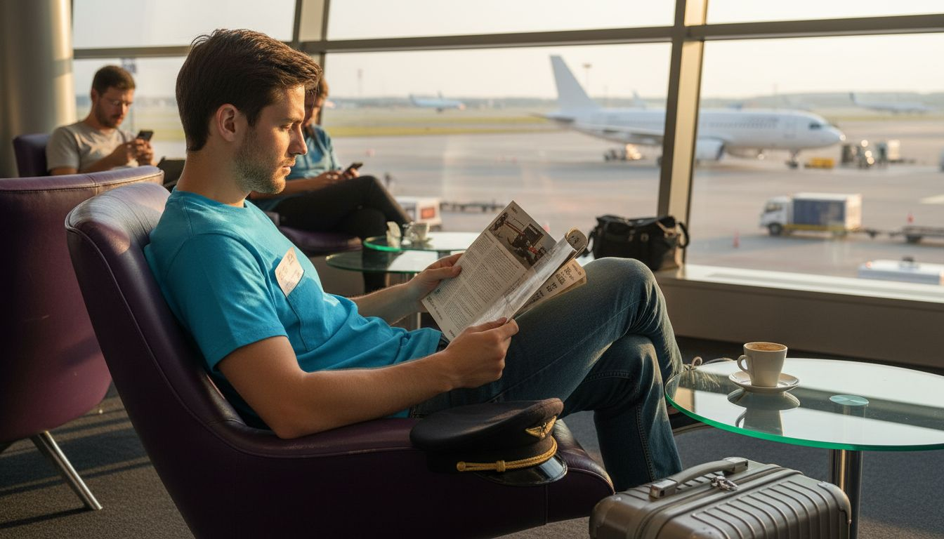 Ein Pilot genießt eine entspannte Pause am Fenster der Flughafenlounge und blickt dabei auf das Vorfeld.