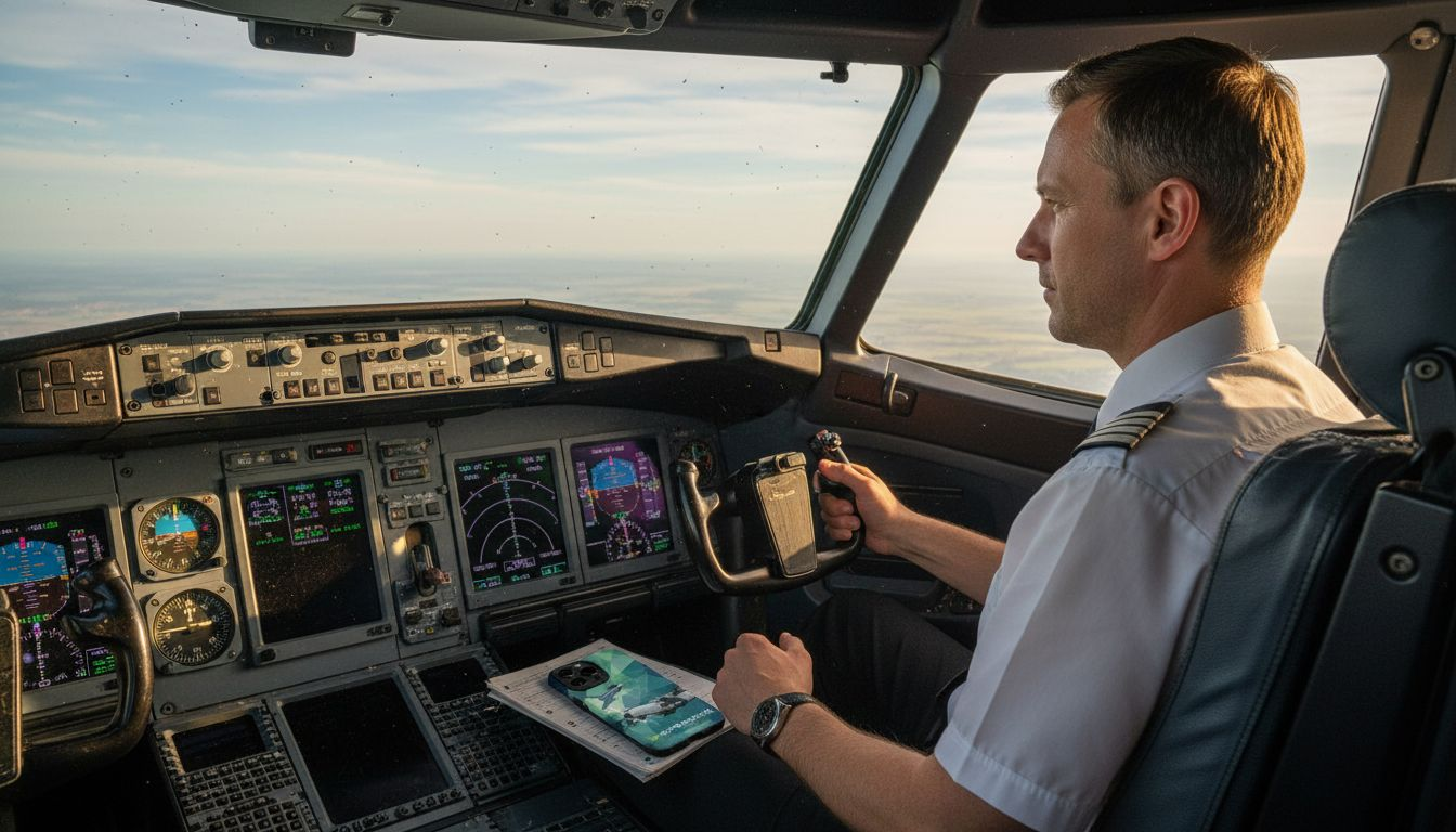Ein Pilot steuert ein Passagierflugzeug aus dem Cockpit.