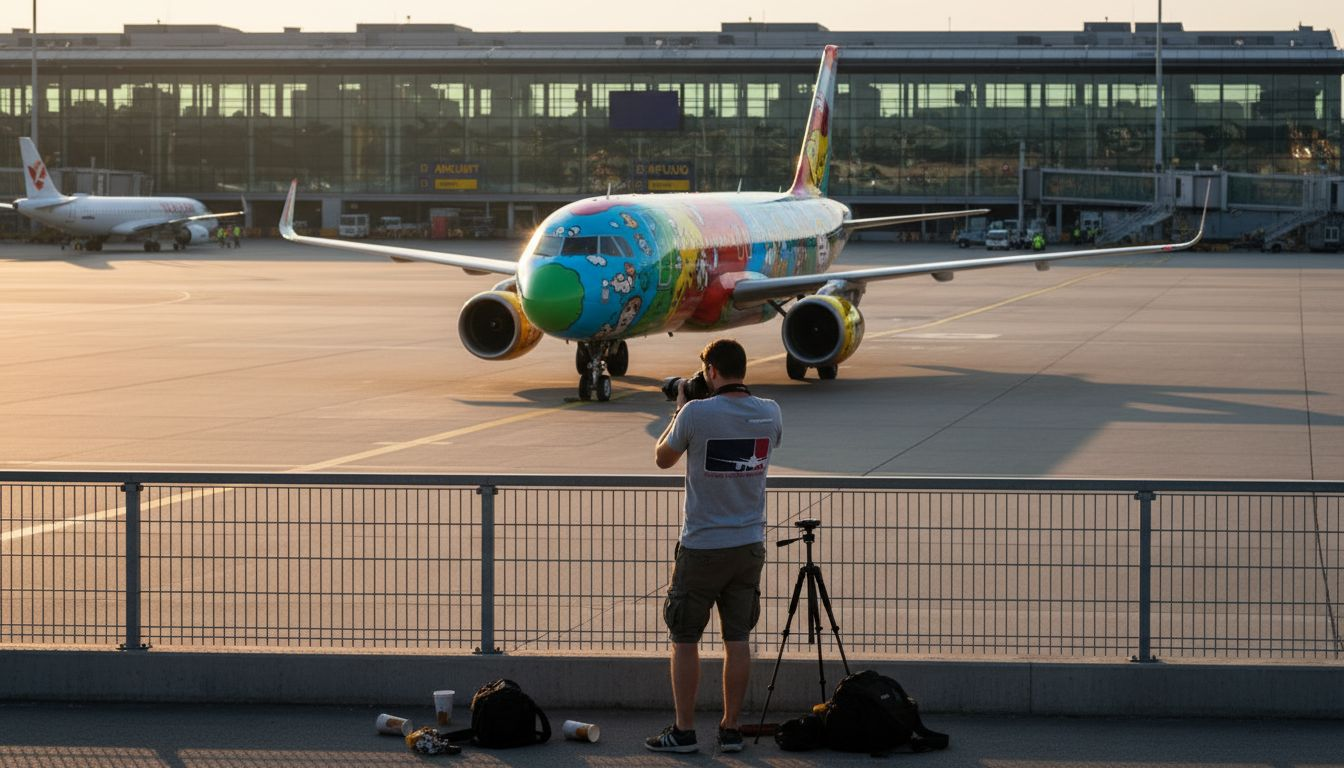 Auf dem Rollfeld steht ein bunt bemaltes Flugzeug, das mit lustigen Comic-Motiven verziert ist.