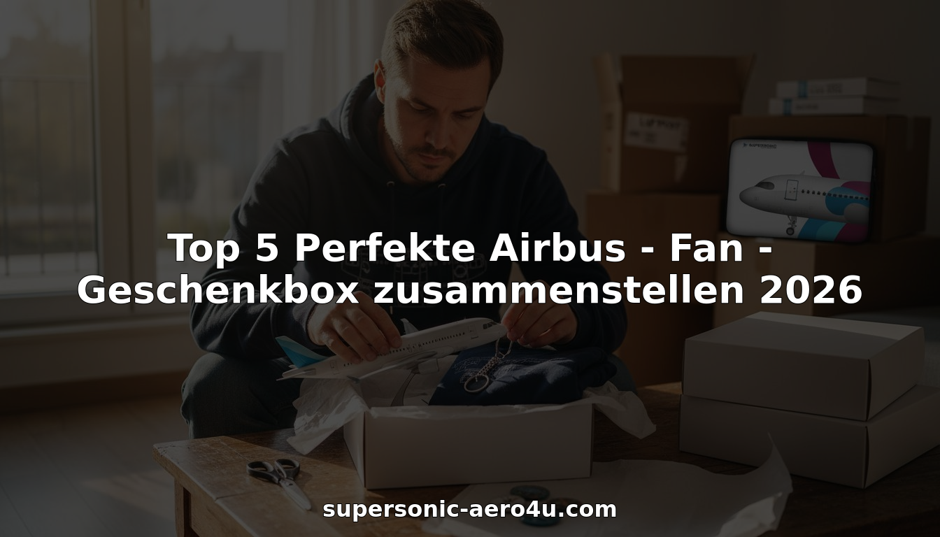 Ein Mann stellt ein Airbus-Geschenkset mit Modellflugzeug und Hoodie zusammen.