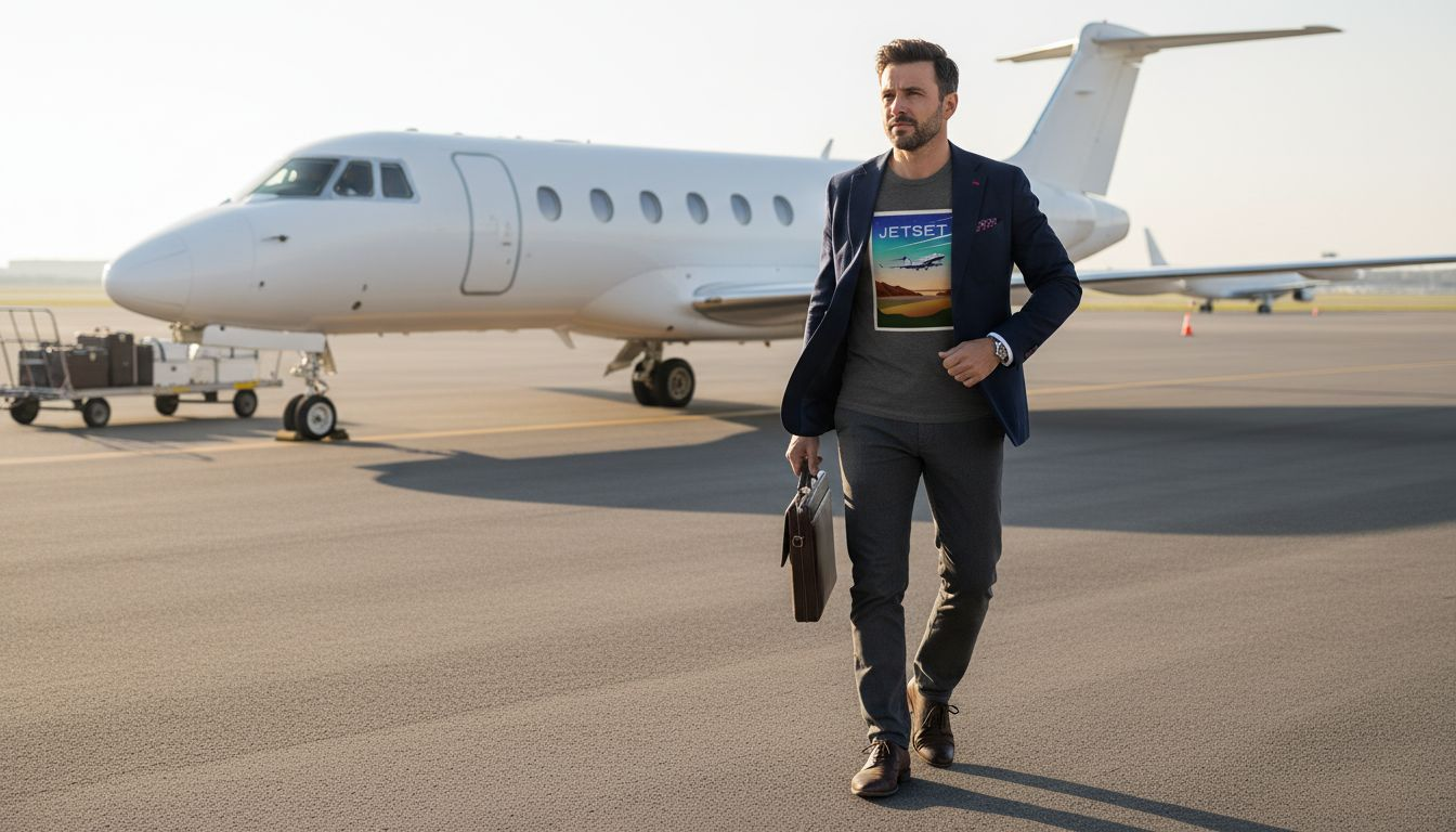 Ein Geschäftsreisender richtet seinen Anzug, bevor er in den Privatjet einsteigt.