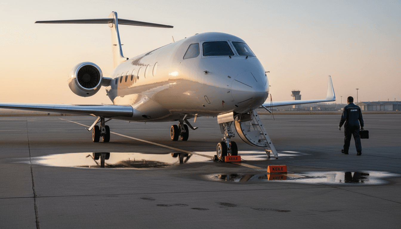 Eine Gulfstream G500 steht im ersten Licht des Tages startbereit auf der Landebahn.