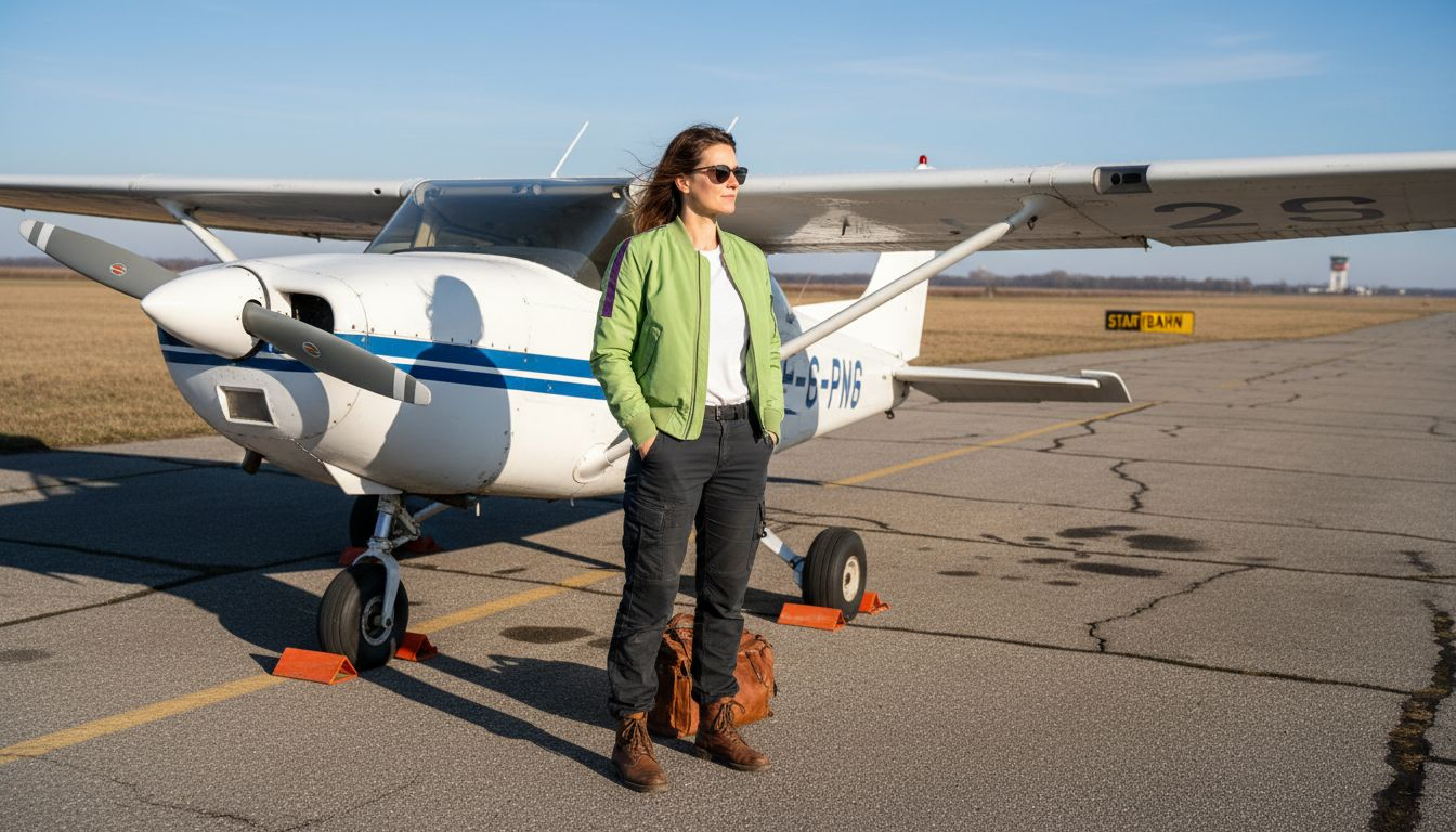 Eine Pilotin im Wasabi-farbenen Blouson steht neben ihrem Flugzeug.