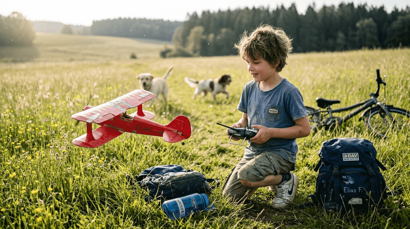Ein Junge lässt auf einer Wiese ein ferngesteuertes Flugzeug fliegen.
