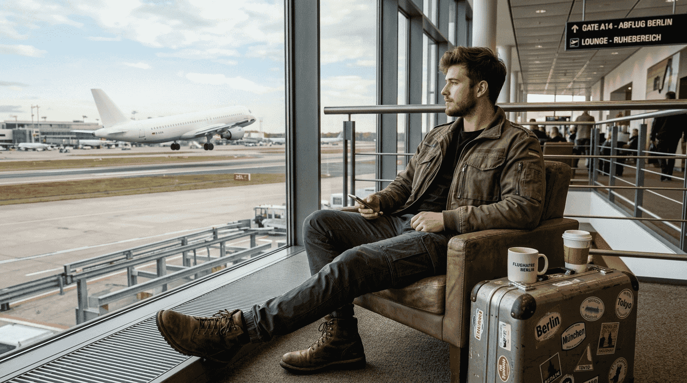 Ein Mann im angesagten Utility-Style entspannt in der Flughafenlounge.