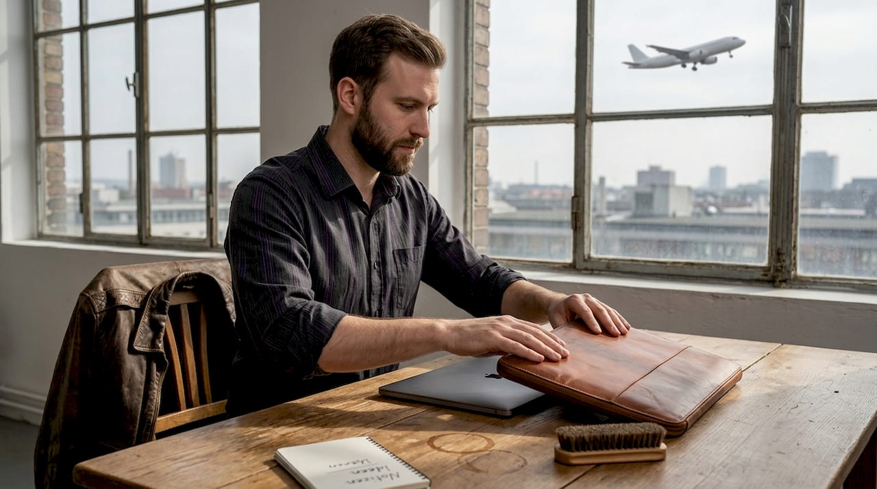 Das Aviator-Leder-Laptop-Case stilvoll auf einem Designer-Schreibtisch platziert