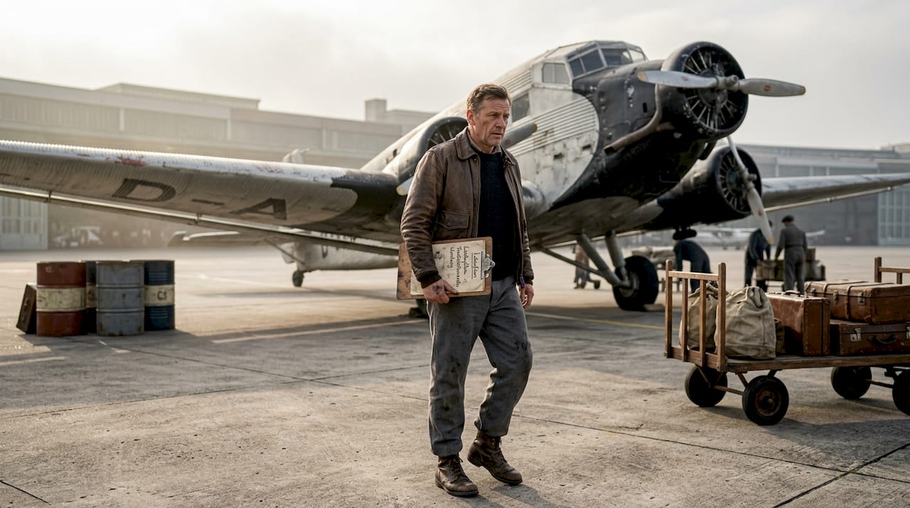 Das Bodenpersonal der Lufthansa im Ambiente eines historischen Flughafens