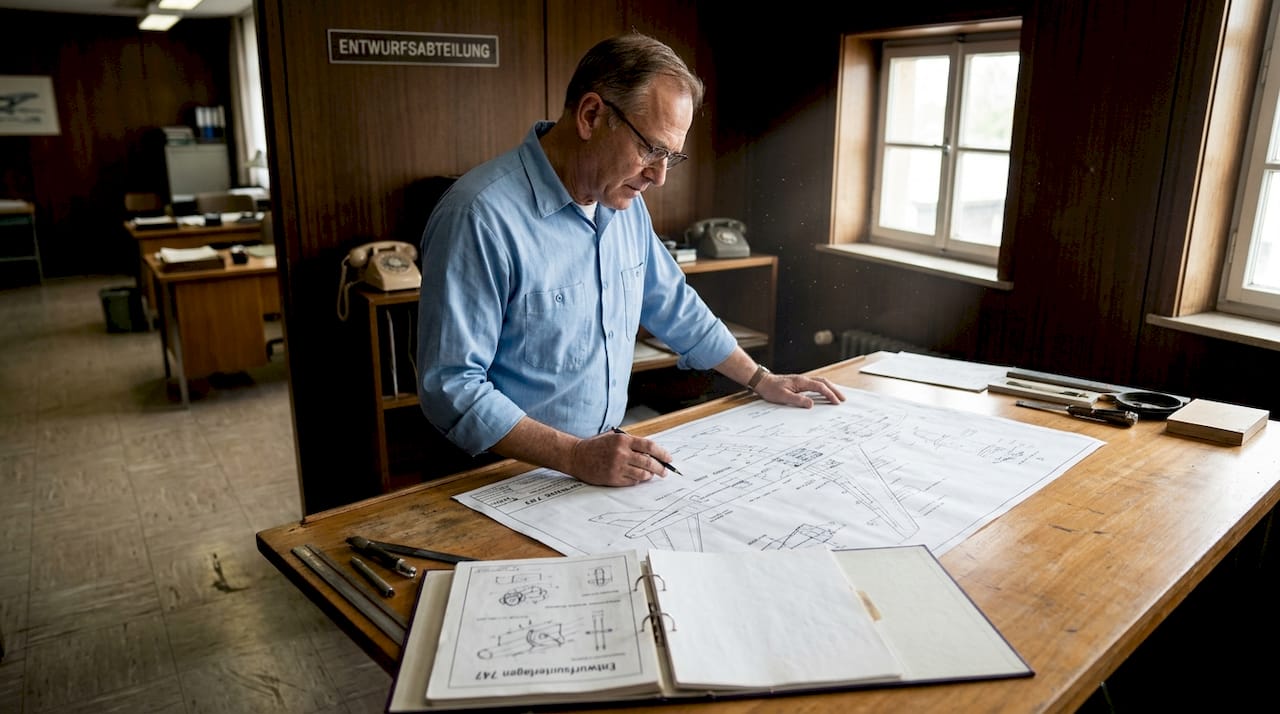 In den 1960er Jahren begutachtet ein Ingenieur in seinem Büro die Konstruktionspläne der Boeing 747.