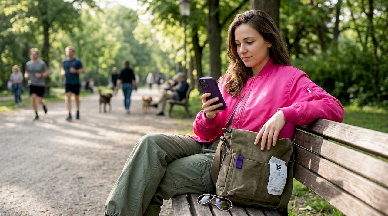 Eine Frau mit einer pinken Bomberjacke sitzt auf einer Parkbank.