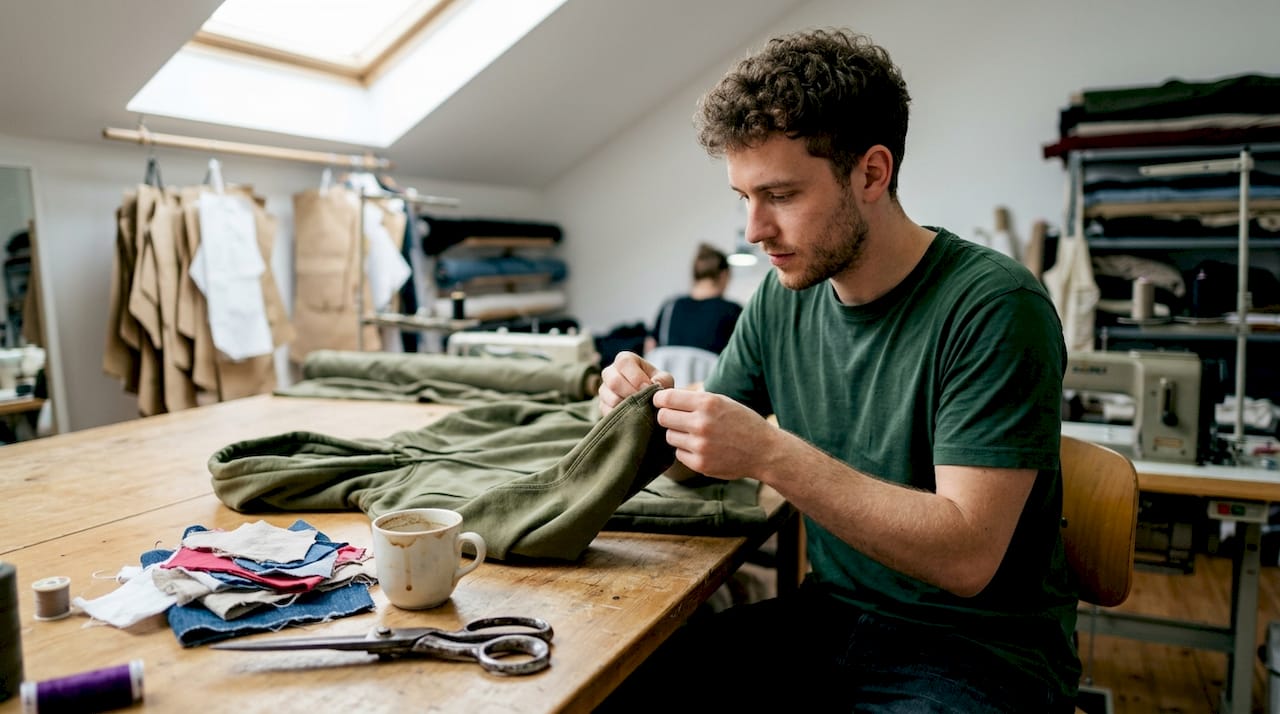 Ein Modedesigner nimmt einen nachhaltigen Streetwear-Hoodie genau unter die Lupe.