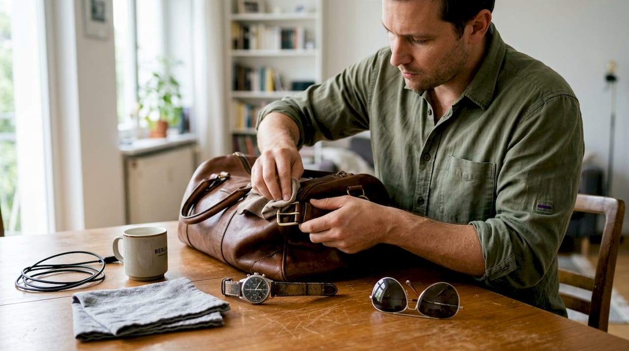Ein Mann pflegt seine Fliegertasche am heimischen Esstisch.