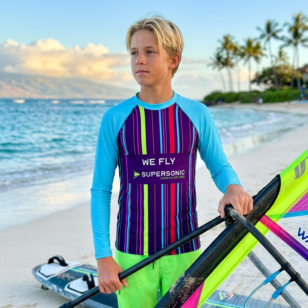 Lycra UV Shirt für Kinder, Schwimmshirt für Kinder, Flugzeug Schwimmshirt, Rashguard Kinder, Wassersport Shirt Kinder, Beachwear Kinder, Aviation Fashion, Supersonic Aero 4U