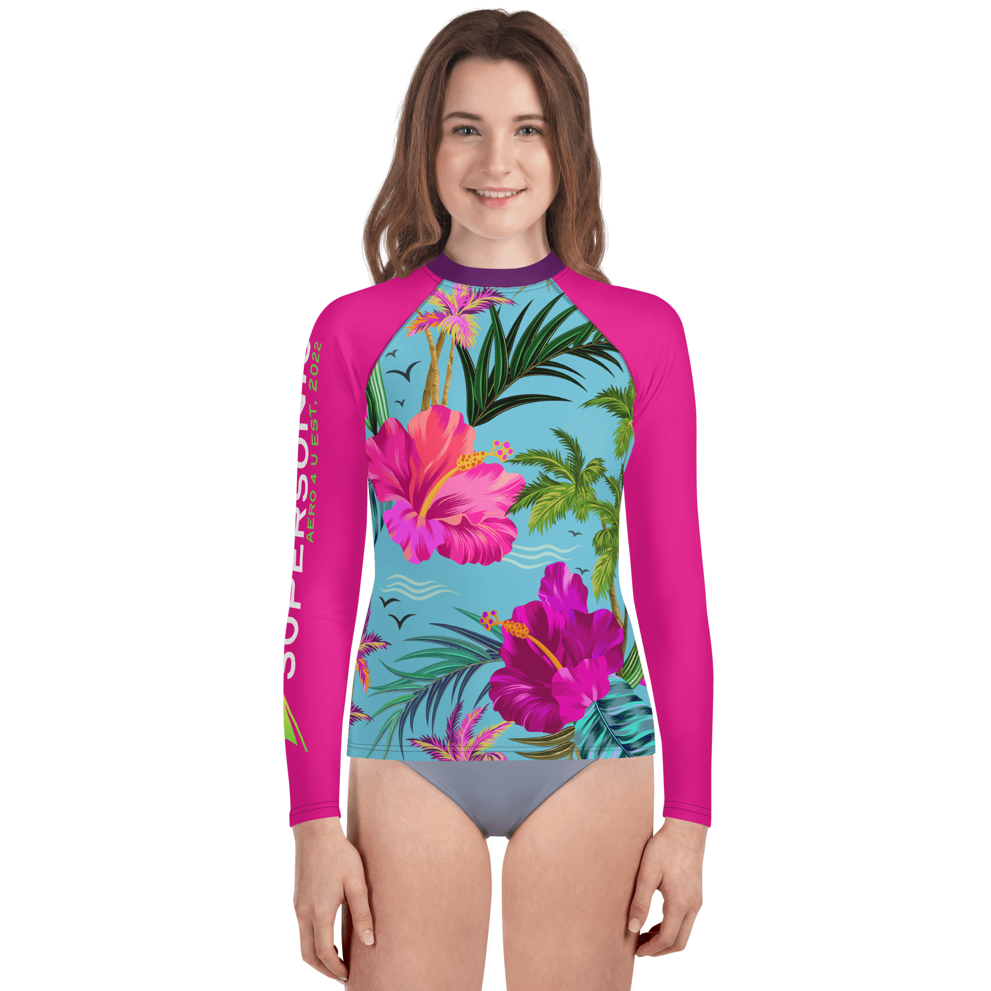 Schwimm- und Sonnenschutzshirt für Jugendliche UNISEX "Hawaii Flowers" AOP All Over Print - SUPERSONIC aero 4U