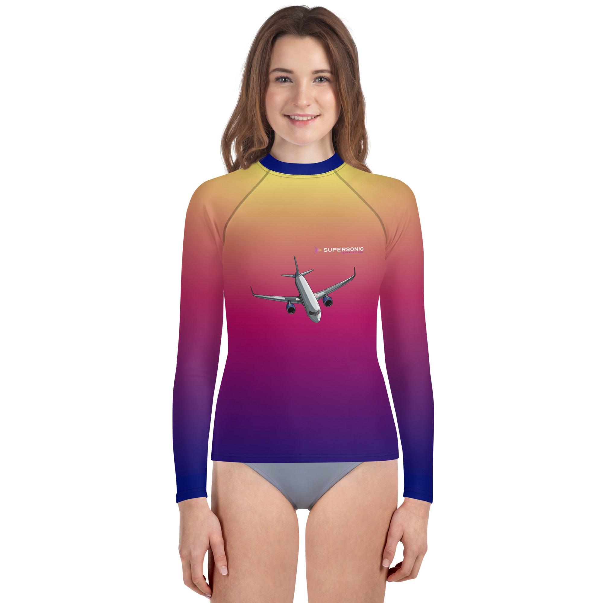 SCHWIMM- UND SONNENSCHUTZSHIRT FÜR JUGENDLICHE UNISEX "SUNSET AIRBUS A320neo" AOP ALL OVER PRINT - SUPERSONIC aero 4U